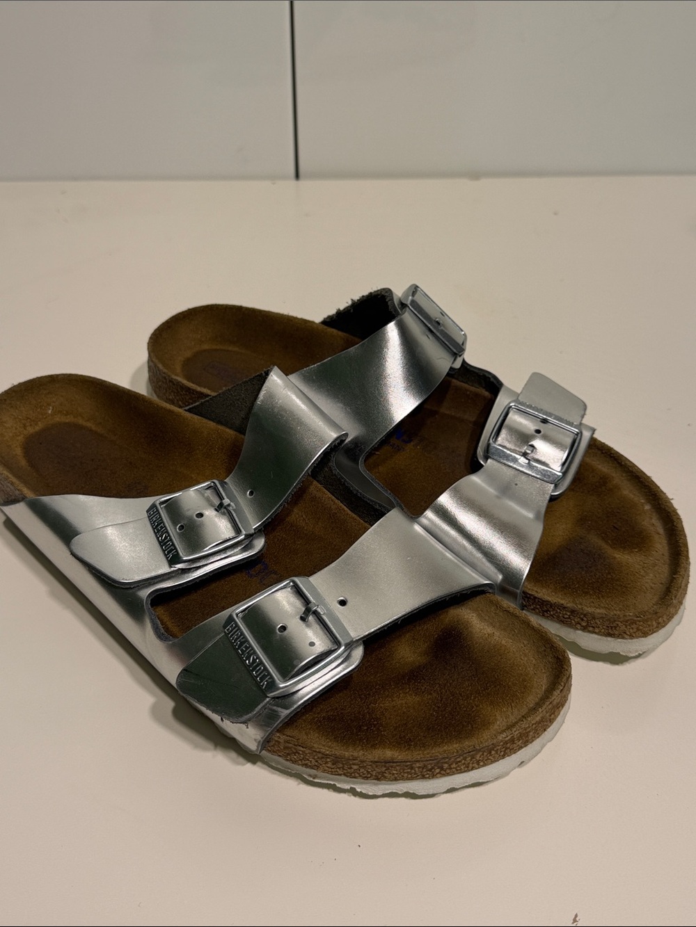 Used Silver Double Buckle Slide Sandals Metallic Birkenstock women’s 41